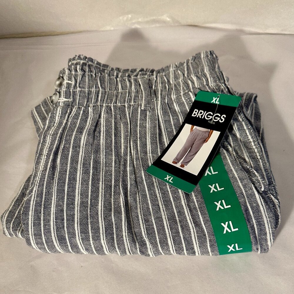 New Briggs Women's Linen Blend Pant Size XL Blue Stripped Pull On Loose Fit Boho